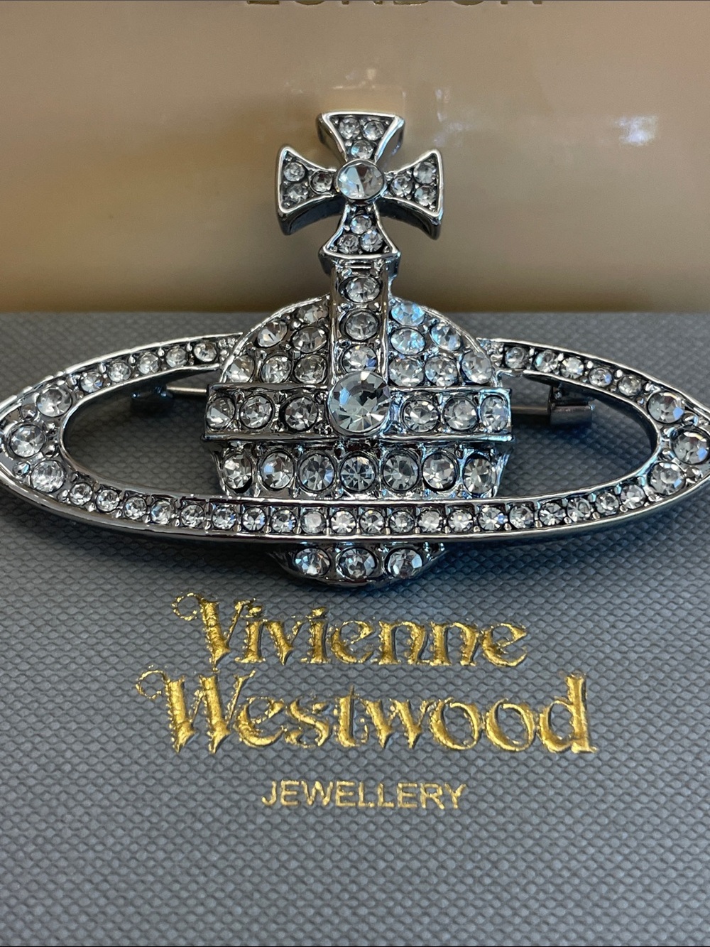Vivienne Westwood Silver Crystal Orb Brooch with Clear Rhinestones